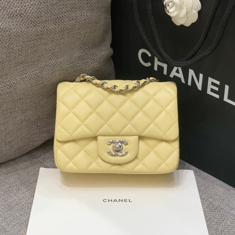 CHANEL MINI SQUARE FLAP BAG 17CM YELLOW LAMBSKIN SILVER HARDWARE