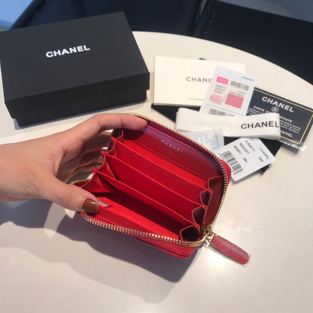 CHANEL ZIPPED CAVIAR PURSE 11 RED CALFSKIN GOLD ICON