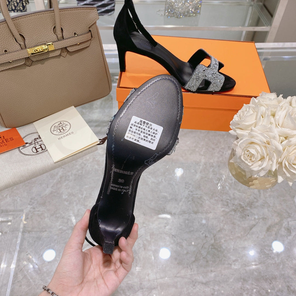 HERMES PREMIERE 70 SANDAL IN BLACK SUEDE WITH WHITE CRYSTALS
