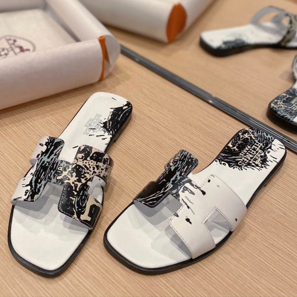HERMES 0RAN SANDALS IN WHITE MIX COLORFUL CALFSKIN