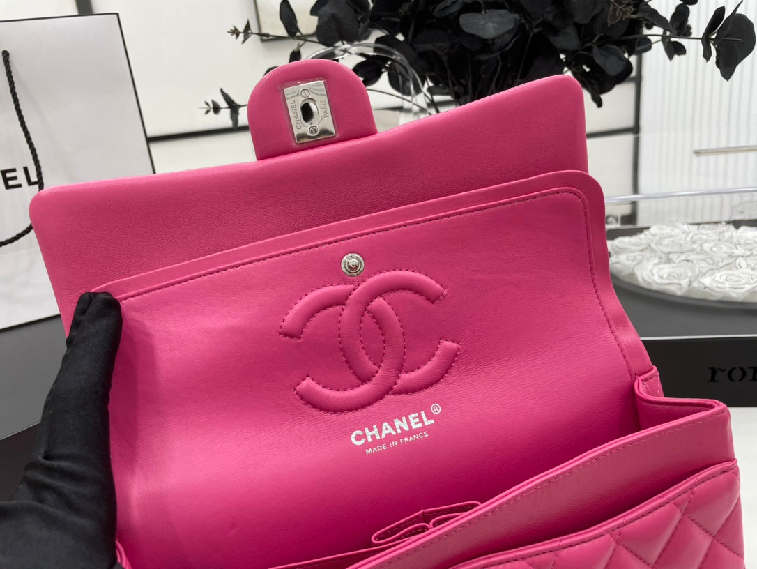 CHANEL 25 CLASSIC SMALL DOUBLE FLAP BAG IN BRIGHT PINK CALFSKIN WITH STRAP