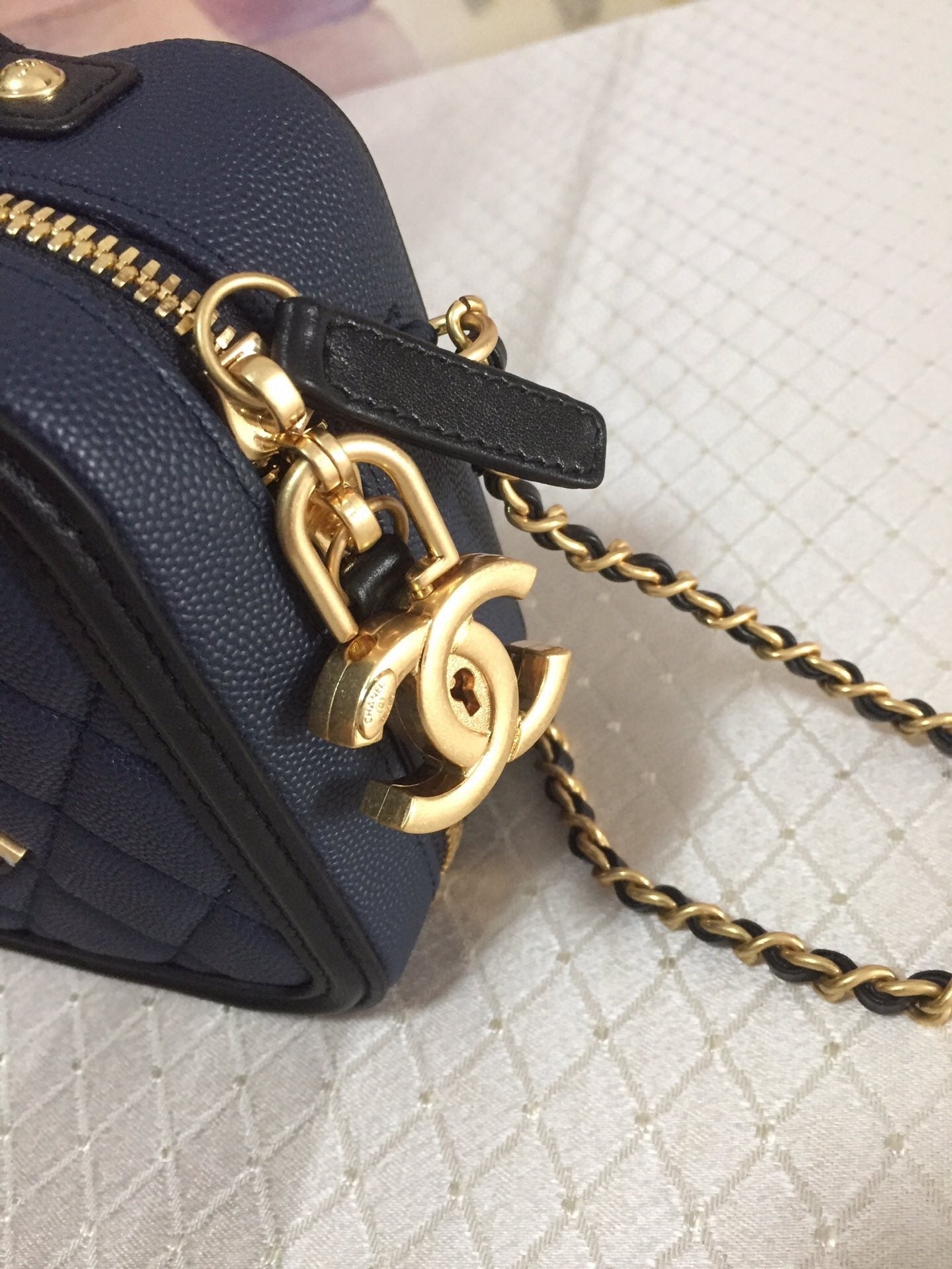 CHANEL MINI 17 VANITY CASE IN AEGEAN BLUE MIX BLACK CALFSKIN GOLD HARDWARE