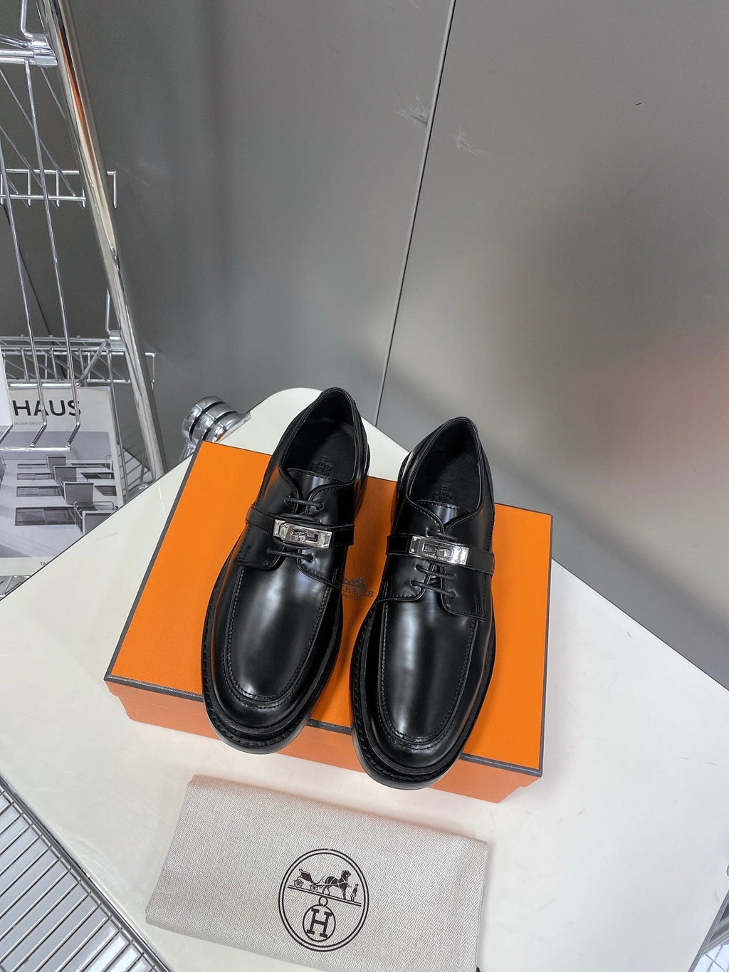 HERMES 25S LOAFER IN BLACK LAMBSKIN WITH SILVER HARDWARE