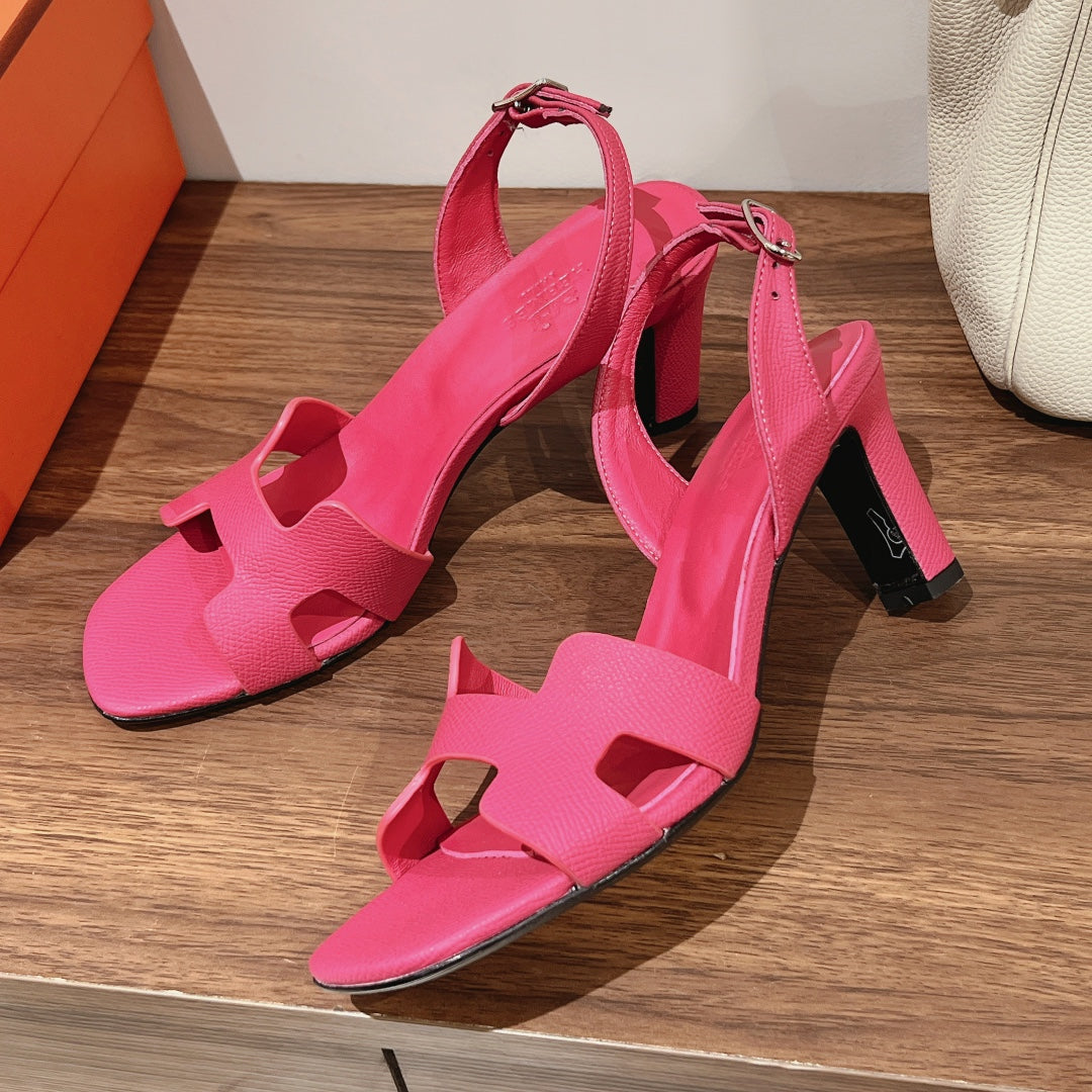 HERMES HOLY 75 SANDAL IN BRIGHT PINK GRAINED CALFSKIN