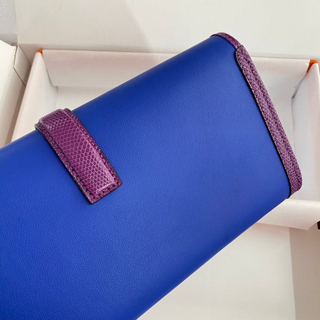 HERMES JIGE ELAN 29 CLUTCH IN COBALT BLUE CALFSKIN WITH VIOLET PURPLE LIZARD SKIN