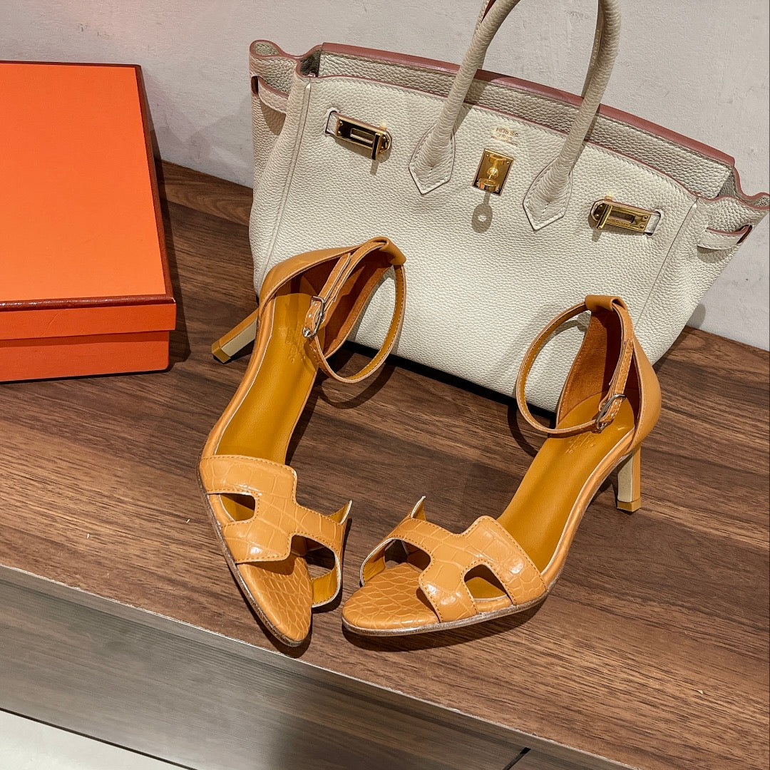 HERMES PREMIERE 70 SANDAL IN PEANUT BROWN CALFSKIN