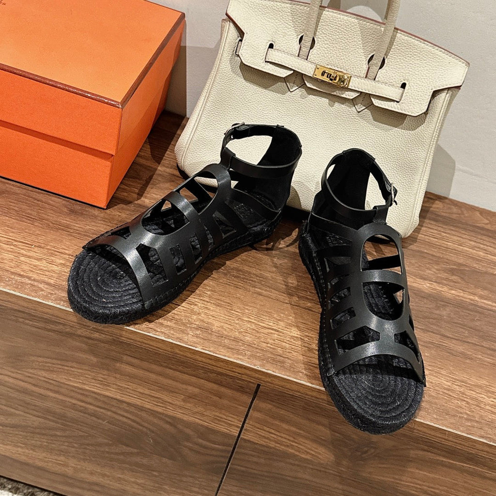 HERMES STRAW SOLE SANDAL BLACK LAMBSKIN
