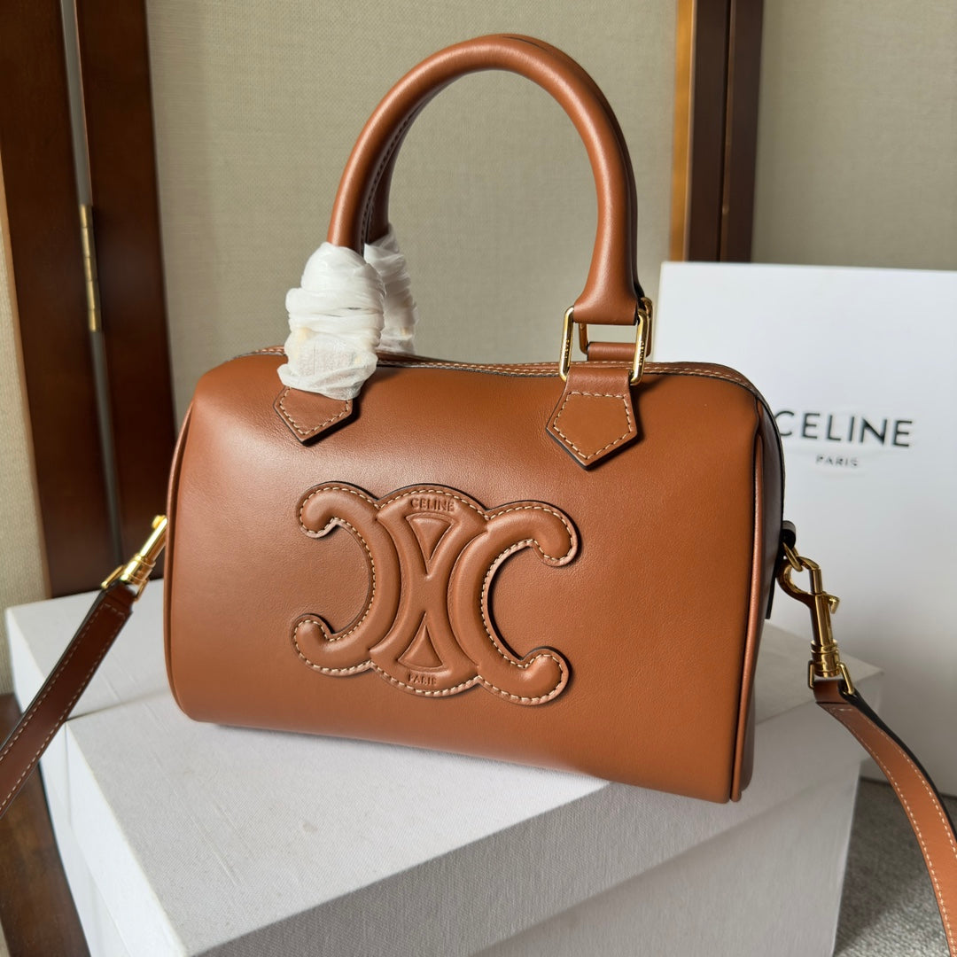 CELINE EMBOSSED  TOP HANDLE BAG 20 IN BROWN CALFSKIN