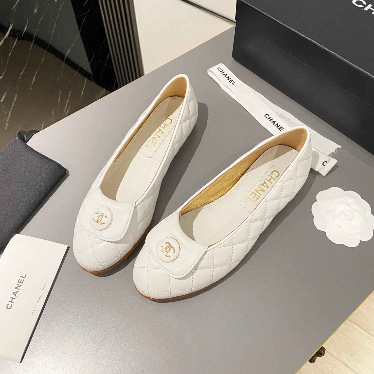 CHANEL BALLET FLAT WHITE LAMBSKIN