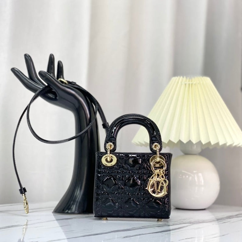 DIOR MICRO LADY 12 BAG IN GLOSSY BLACK LAMBSKIN