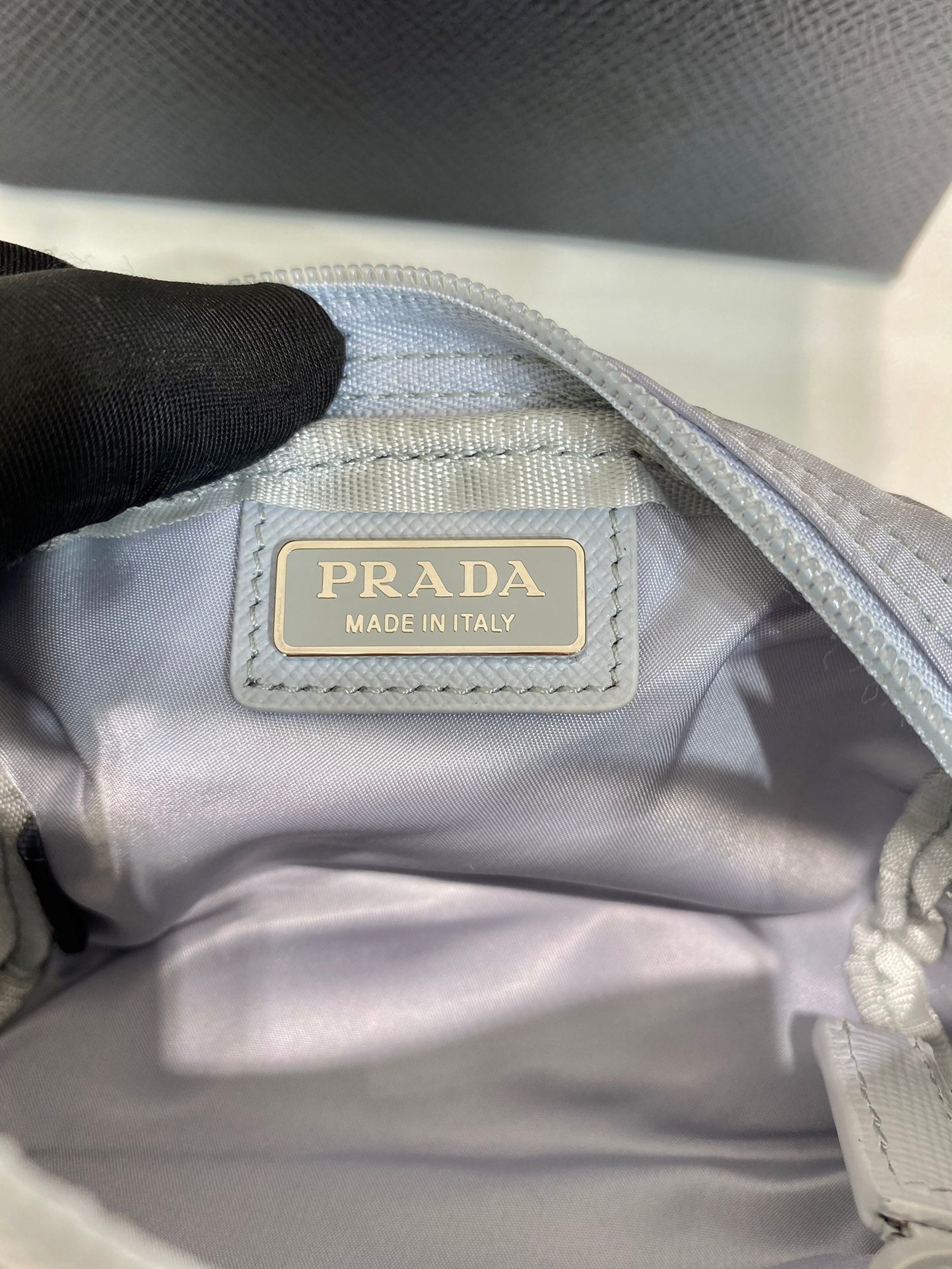 PRADA CLUTCH 12 IN LIGHT GREY RE-NYLON