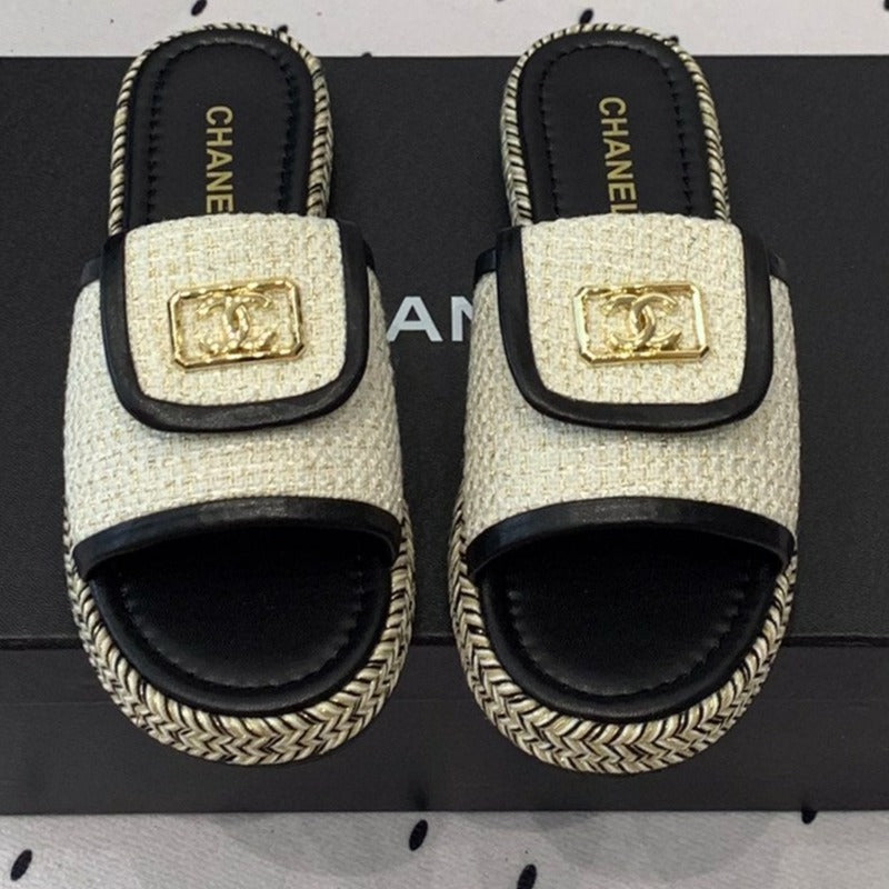 CHANEL Double  Women New Trendy Calfskin Slippers White Black