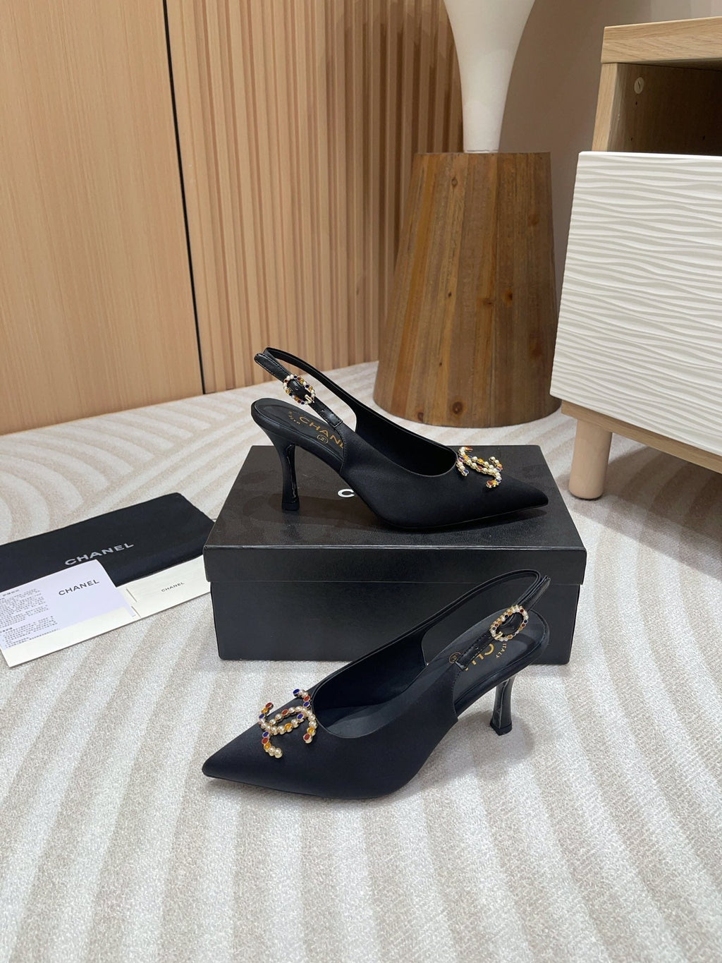 CHANEL HIGH SLINGBACKS BLACK SATIN AND LAMBSKIN
