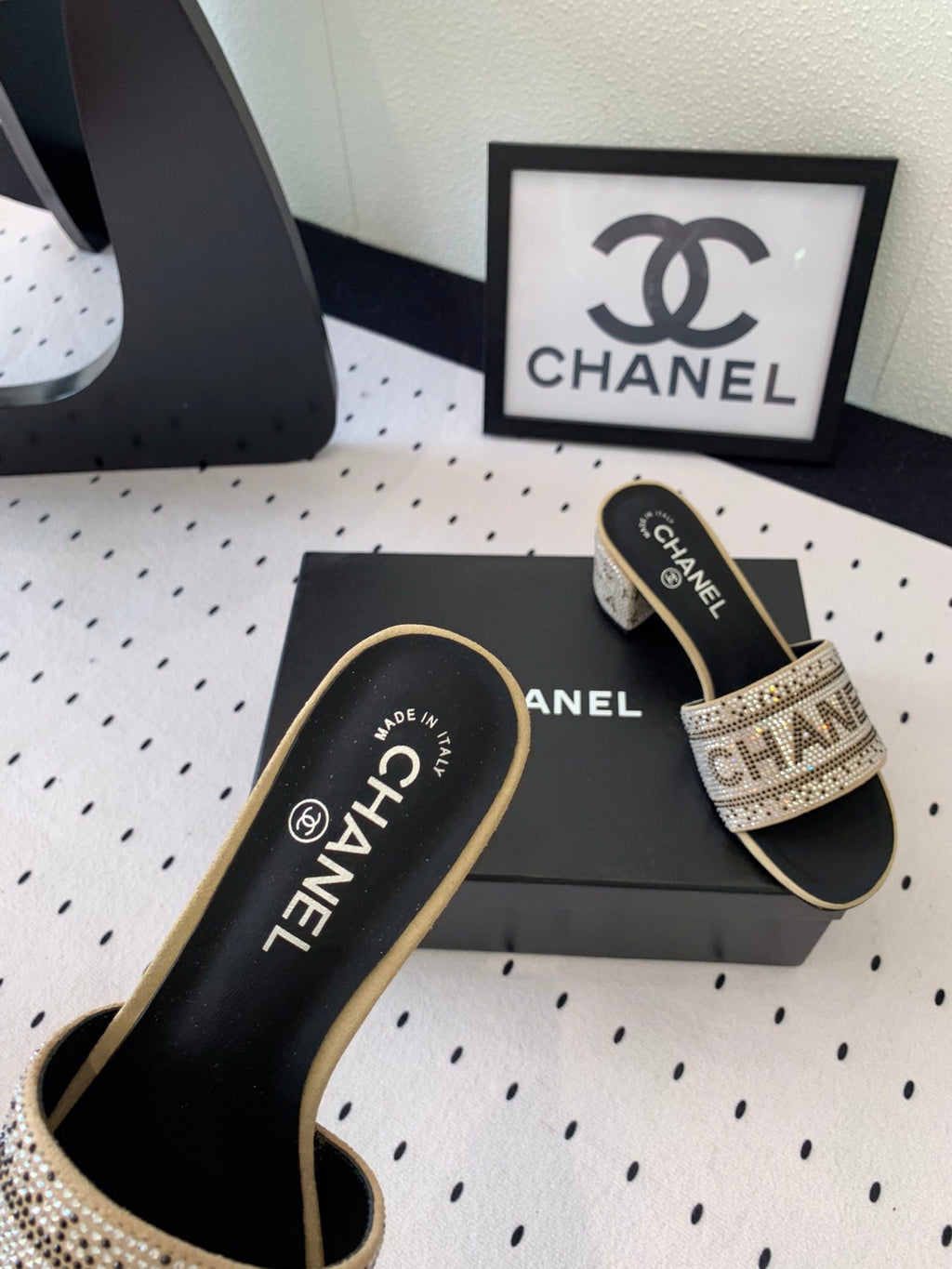 CHANEL RHINESTONE LETTER HIGH HEELS CARAMEL BROWN AND BLACK LAMBSKIN