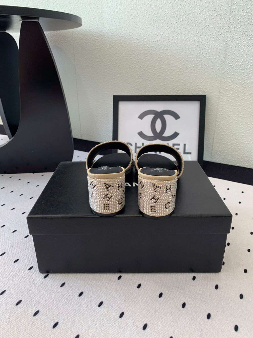 CHANEL RHINESTONE LETTER HIGH HEELS CARAMEL BROWN AND BLACK LAMBSKIN