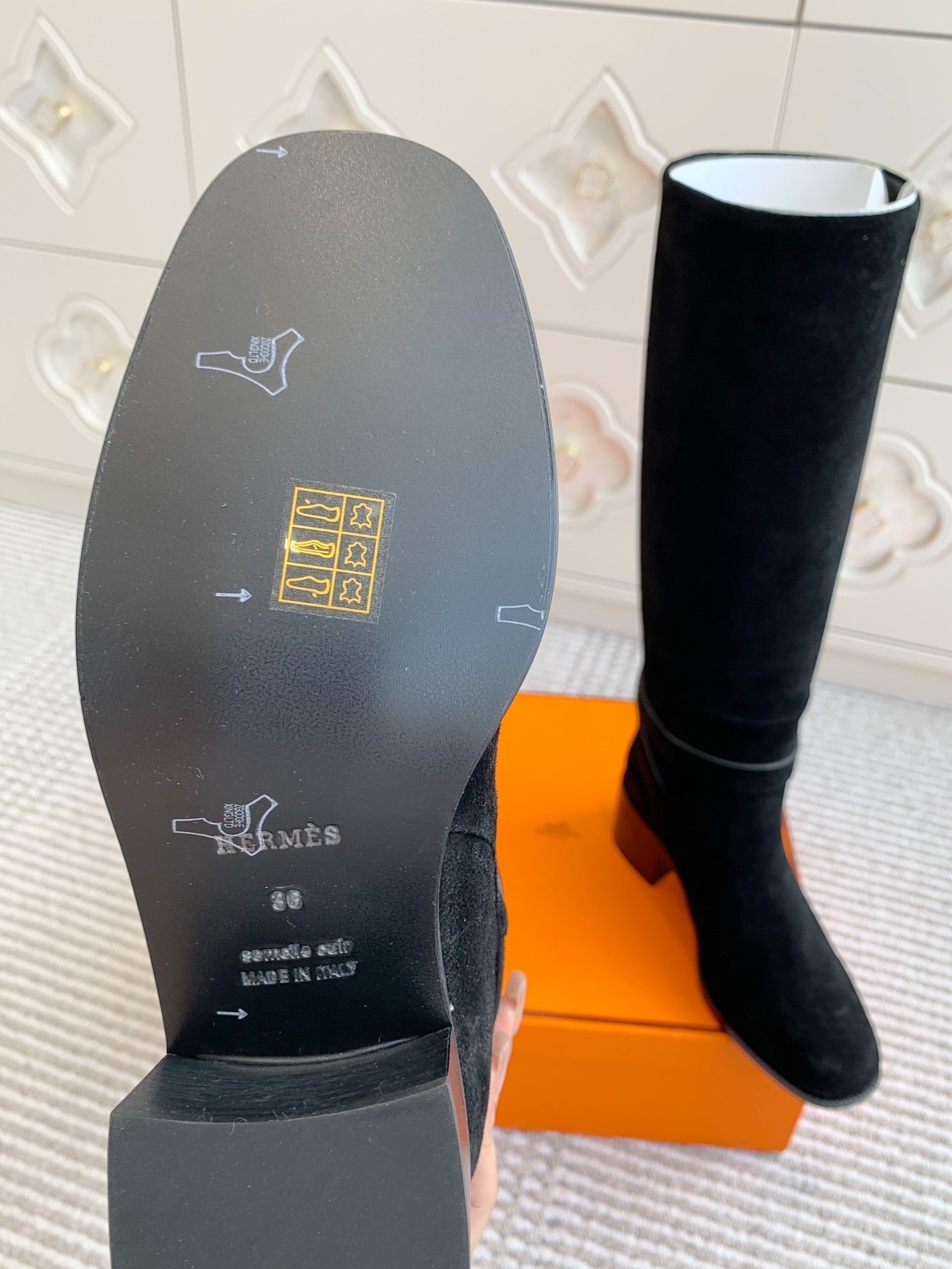HERMES 25S TALL BOOTS 50 MM IN BLACK SUEDE WITH GOLD HARDWARE