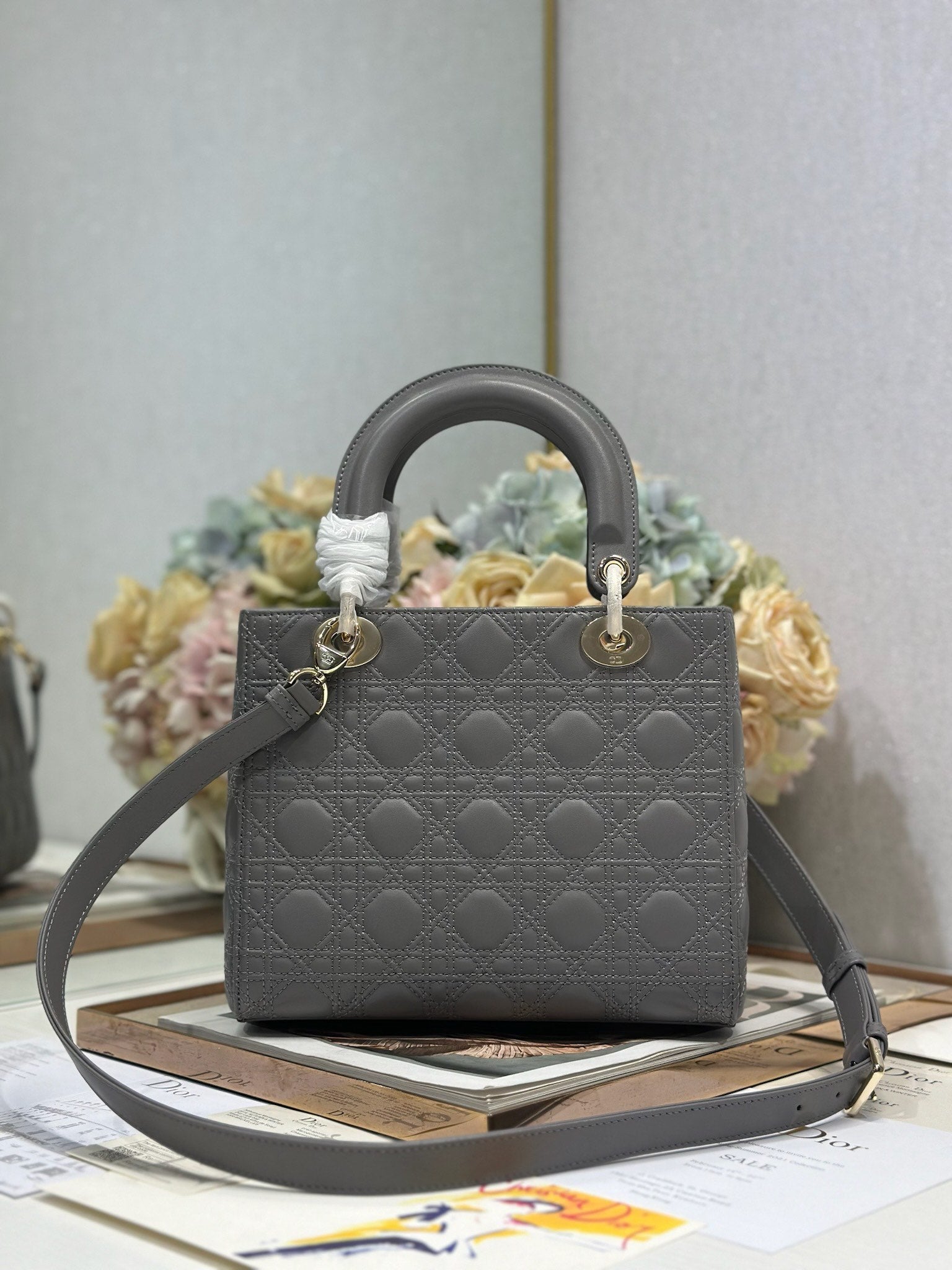 DIOR LADY SMALL BAG 24 IN GREY MACROCANNAGE LAMBSKIN GOLD HARDWARE