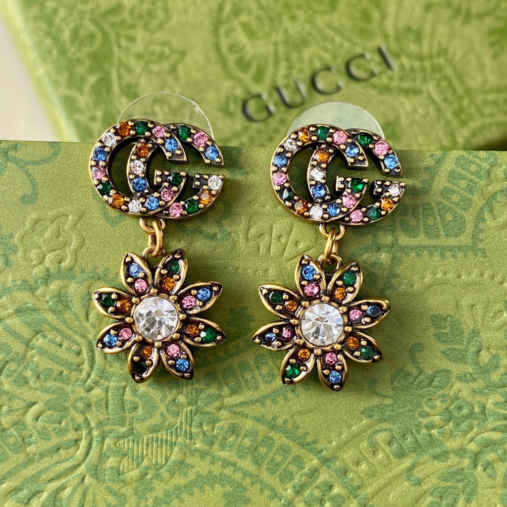 18K Double Gucci Flower Pendant Earrings