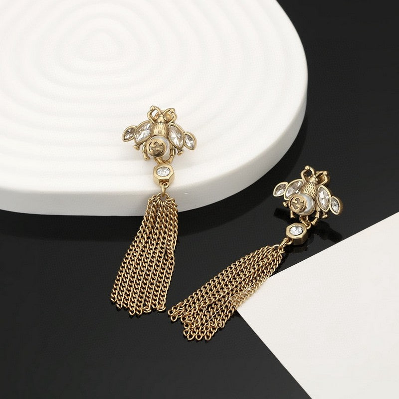 18K Double Gucci Bee Tassel Crystal Earrings