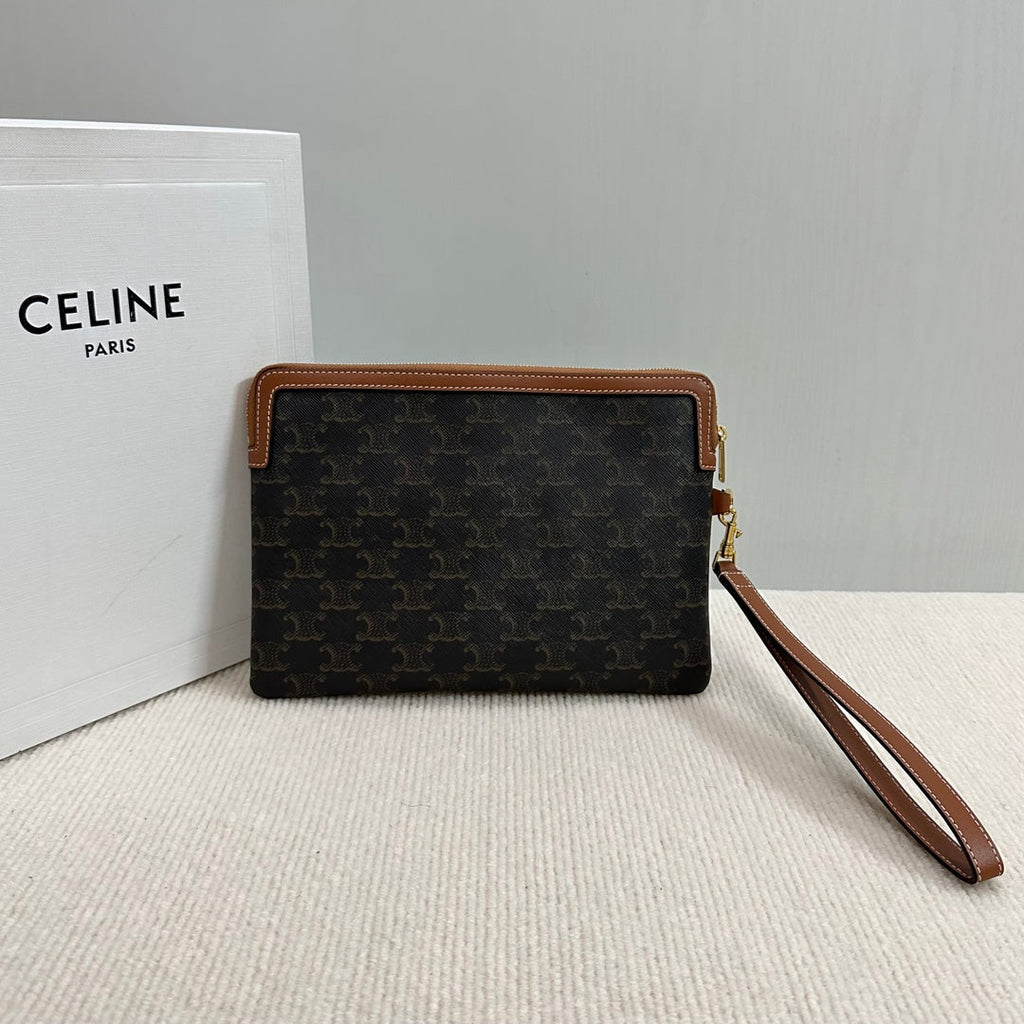 CELINE SMALL POUCH 25 IN BLACK TRIOMPHE CANVAS AND BROWN CALFSKIN WITH  PRINT