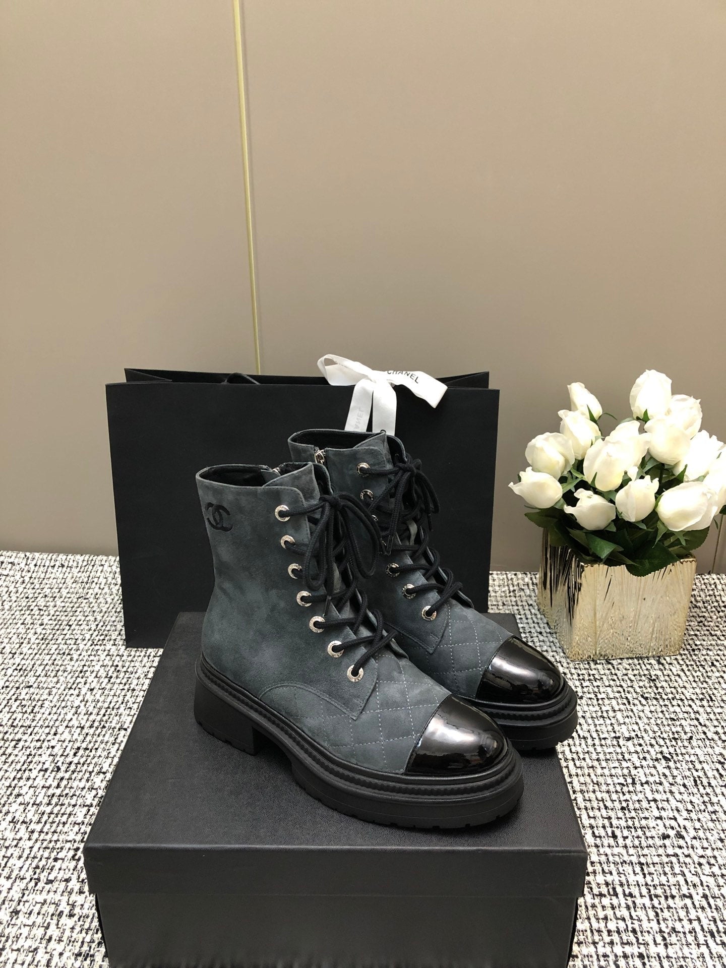 CHANEL SHORT BOOTS SLATE GREY SUEDE LAMBSKIN
