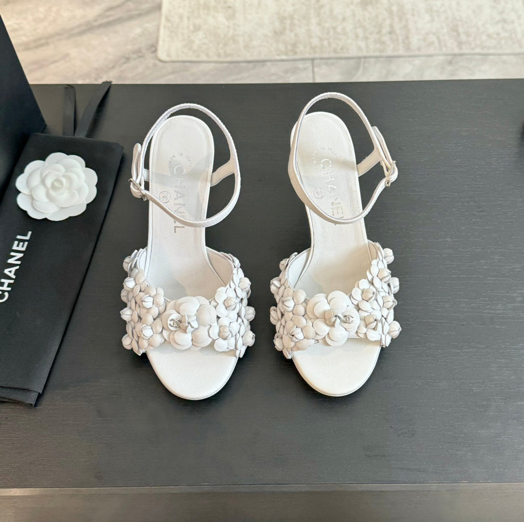 CHANEL Little Camellia World Thin High Sandals White Lambskin