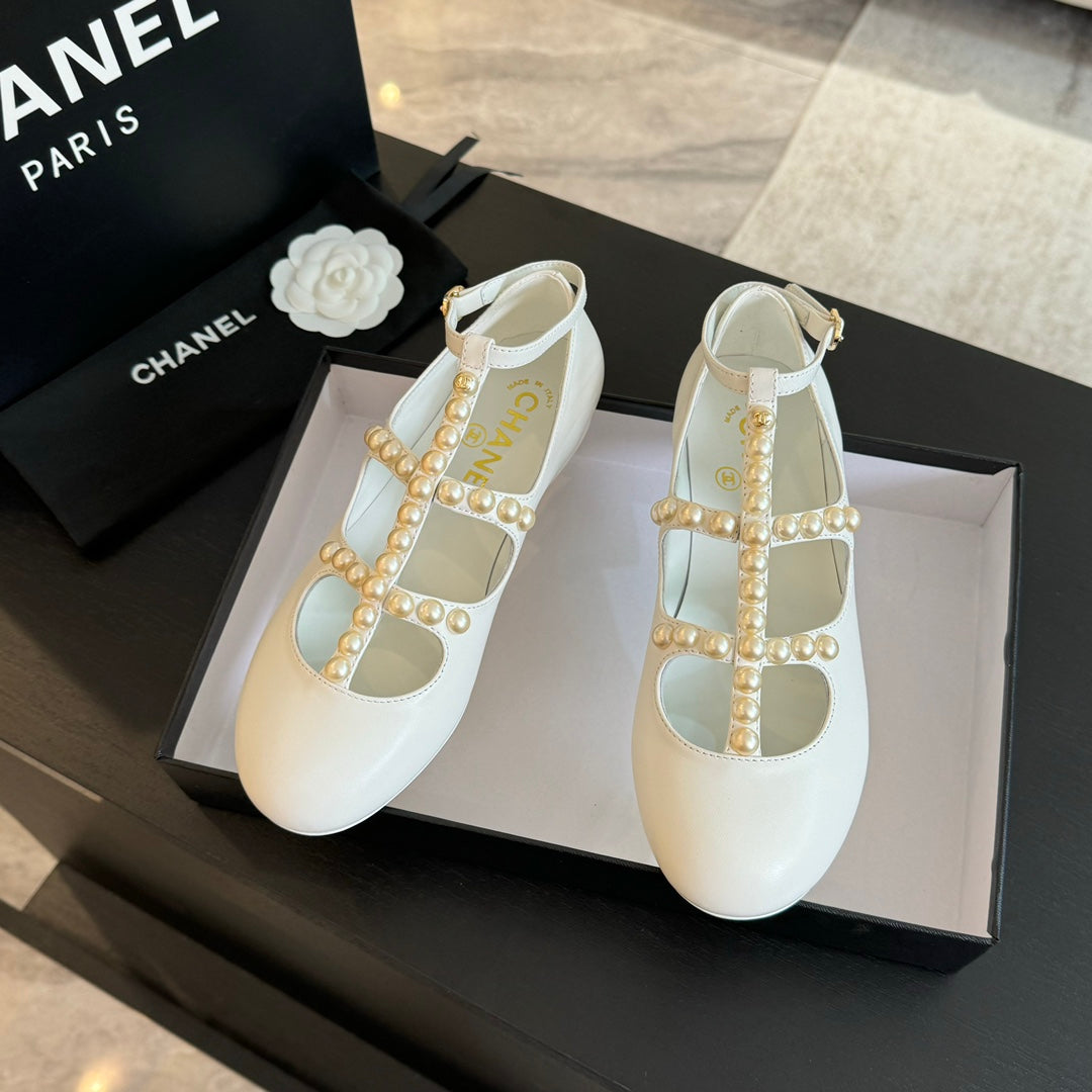 CHANEL MARY JANES SHOES WHITE GOATSKIN WITH FAUX PEARL