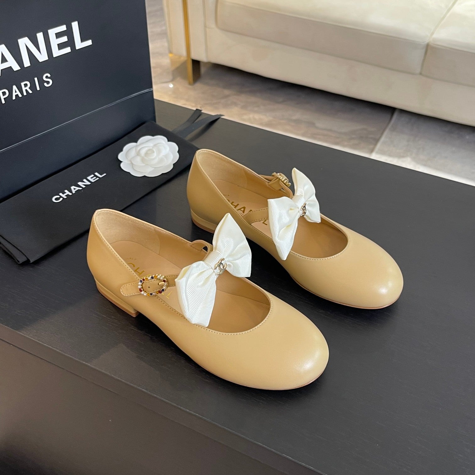 CHANEL BALLET FLAT DARK CREAM LAMBSKIN WITH WHITE BOW