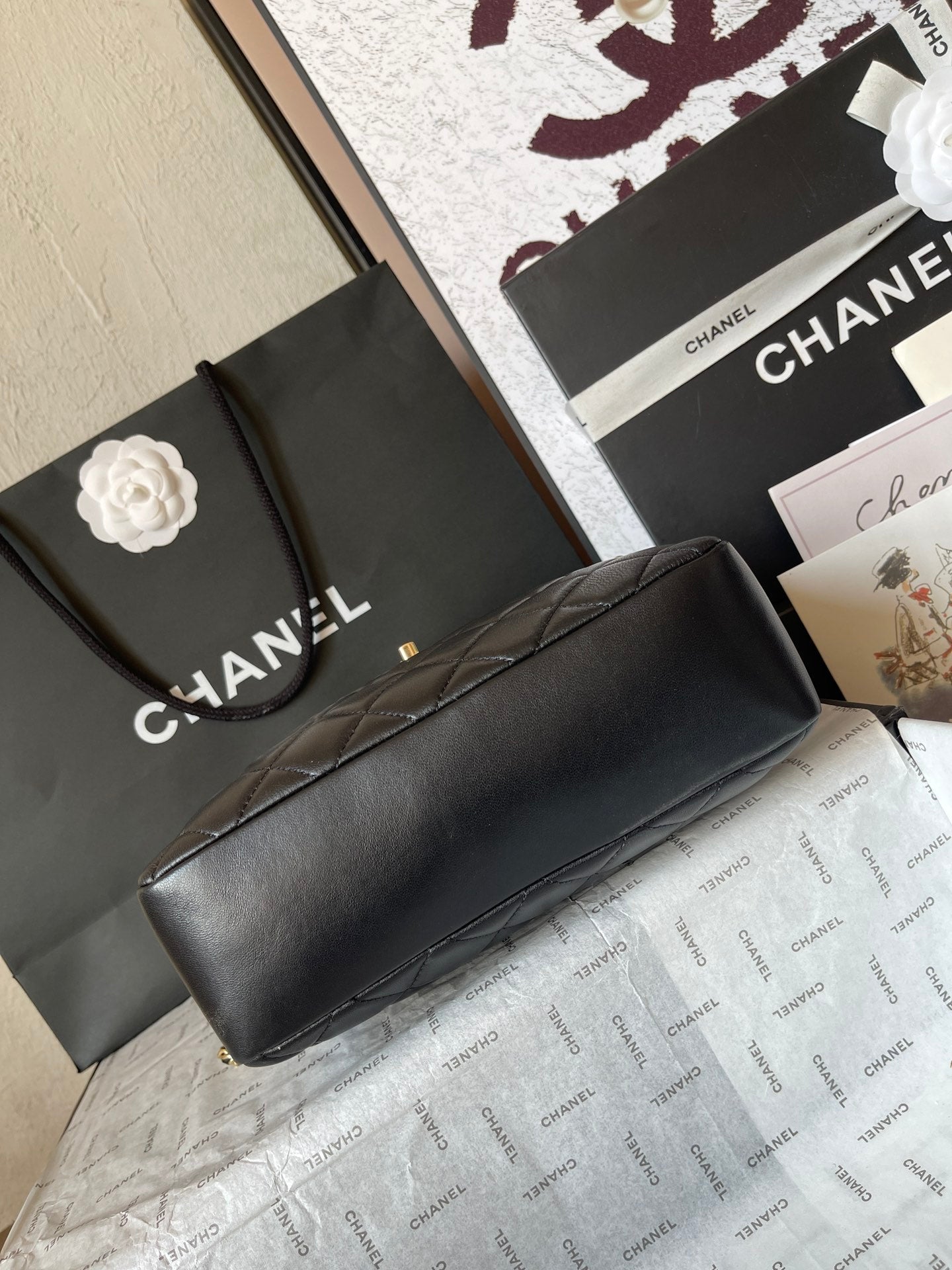 CHANEL CAMERA BAG 24 IN BLACK QUILTED LAMBSKIN DOUBLE C GOLD COIN