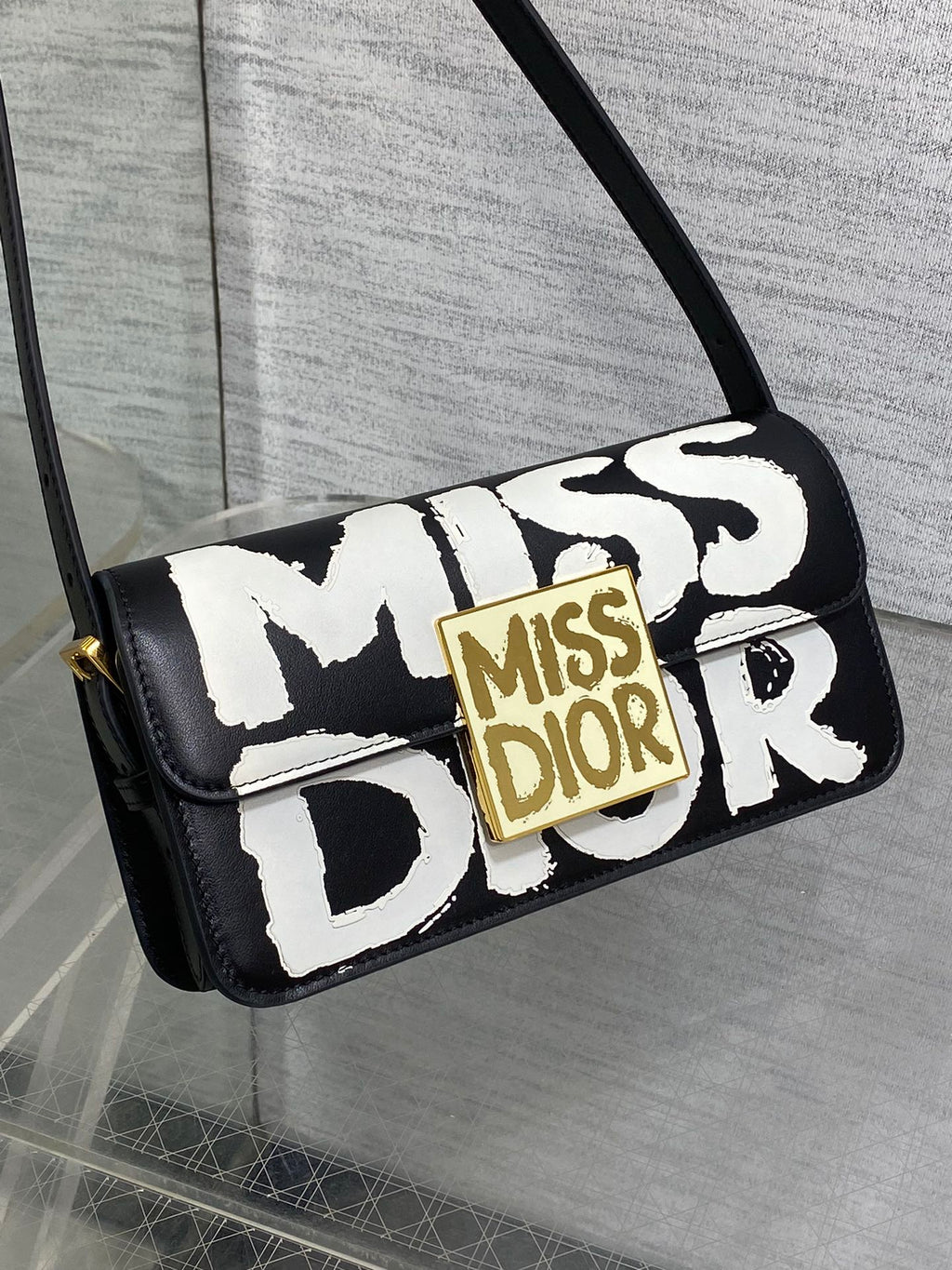 DIOR SMALL 22 FLAP BAG IN BLACK MIX WHITE LAMBSKIN WITH GOLD HARDWARE