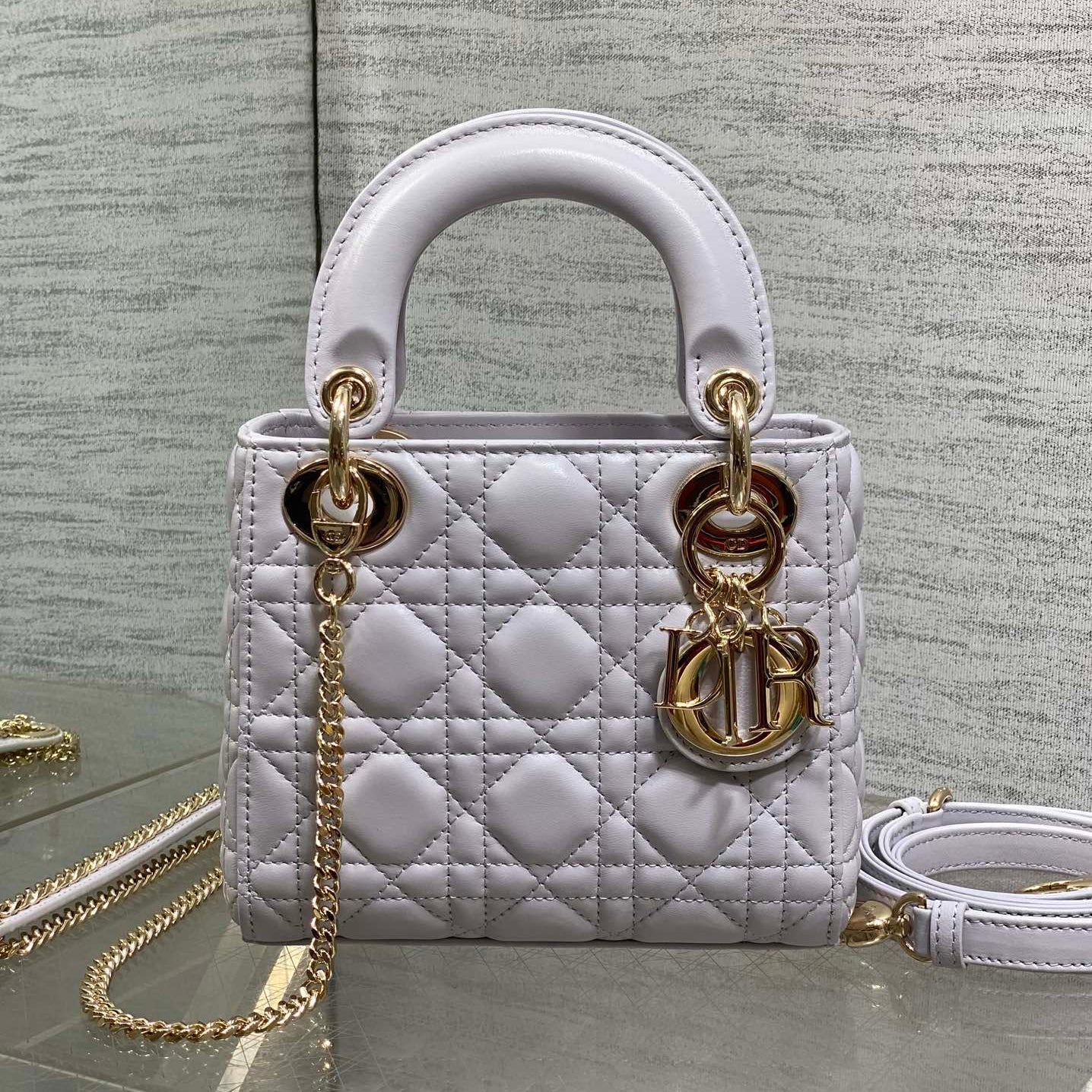 DIOR 25S MINI LADY  BAG 17 IN LILAC CANNAGE CALFSKIN GOLD HARDWRE