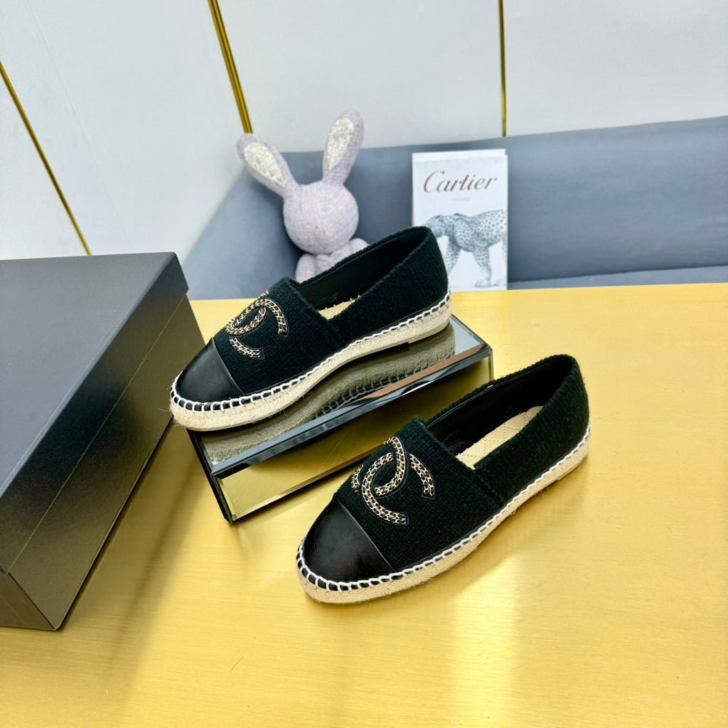 CHANEL ESPADRILLES PLATFORM 25S IN BLACK KNITTED WOOL AND LAMBSKIN