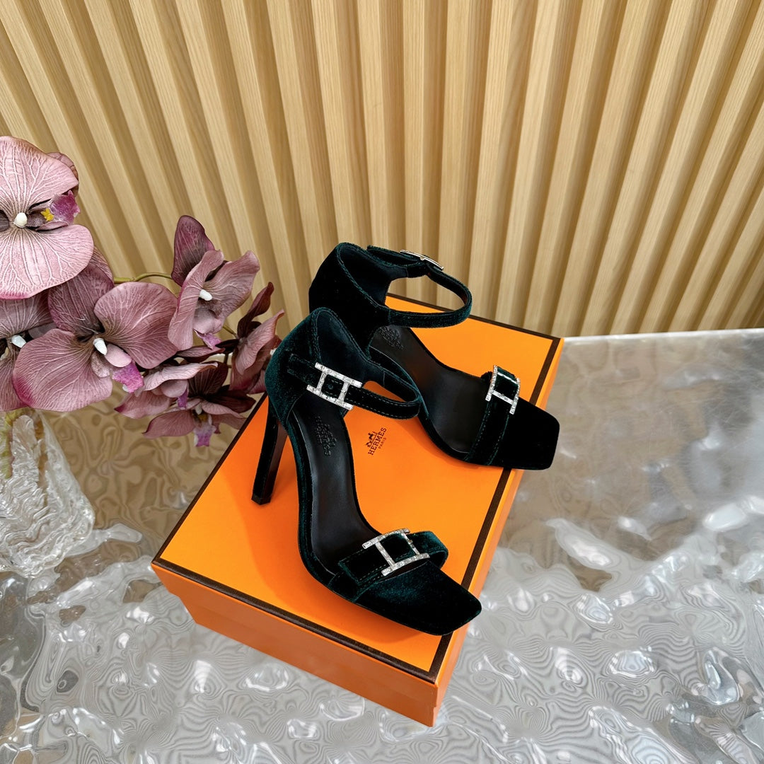 HERMES JULY SANDAL 105 MM IN TEAL GREEN VELVET