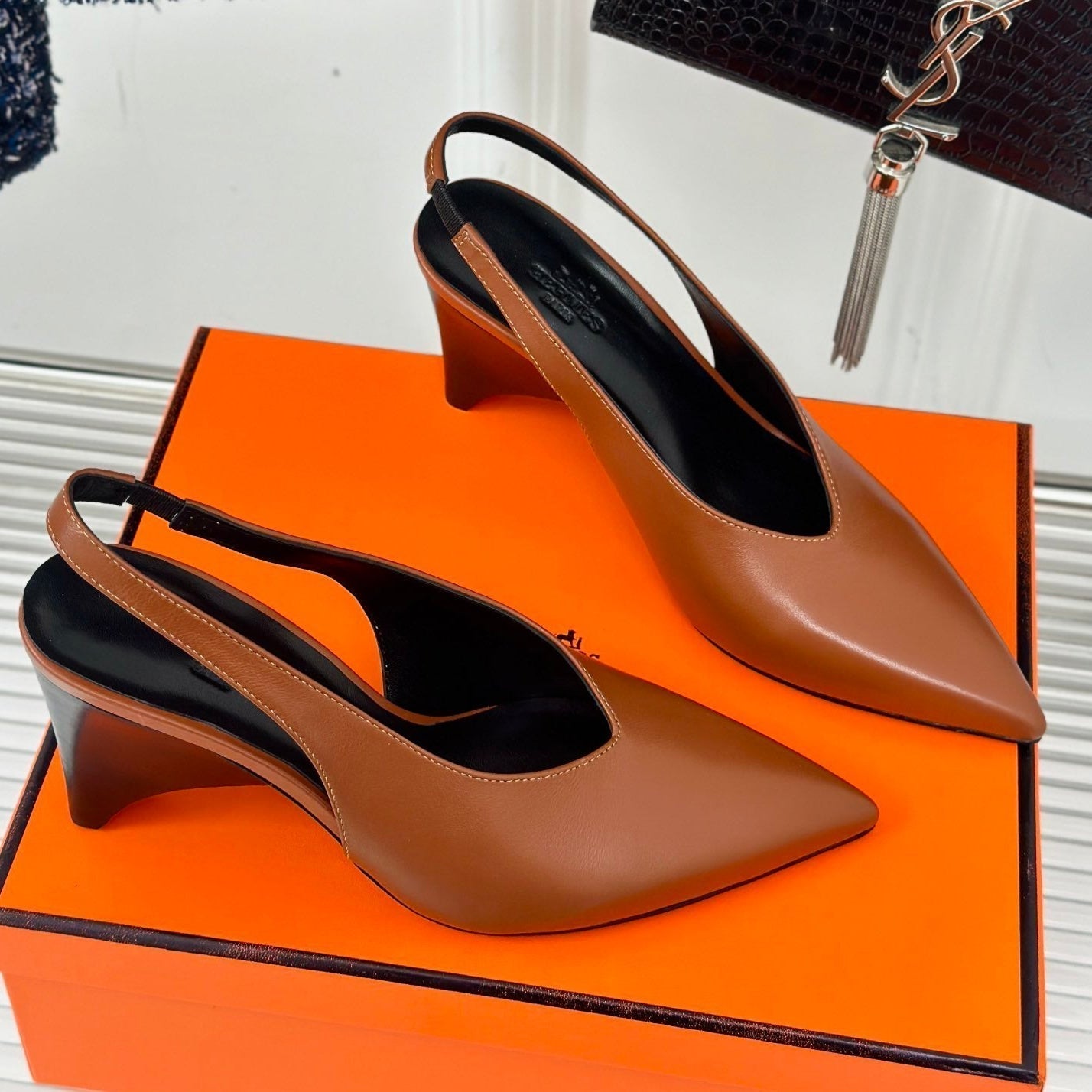 HERMES HIGH HEEL 75 MM POINTED- TOE SANDAL IN BRONZE BROWN CALFSKIN