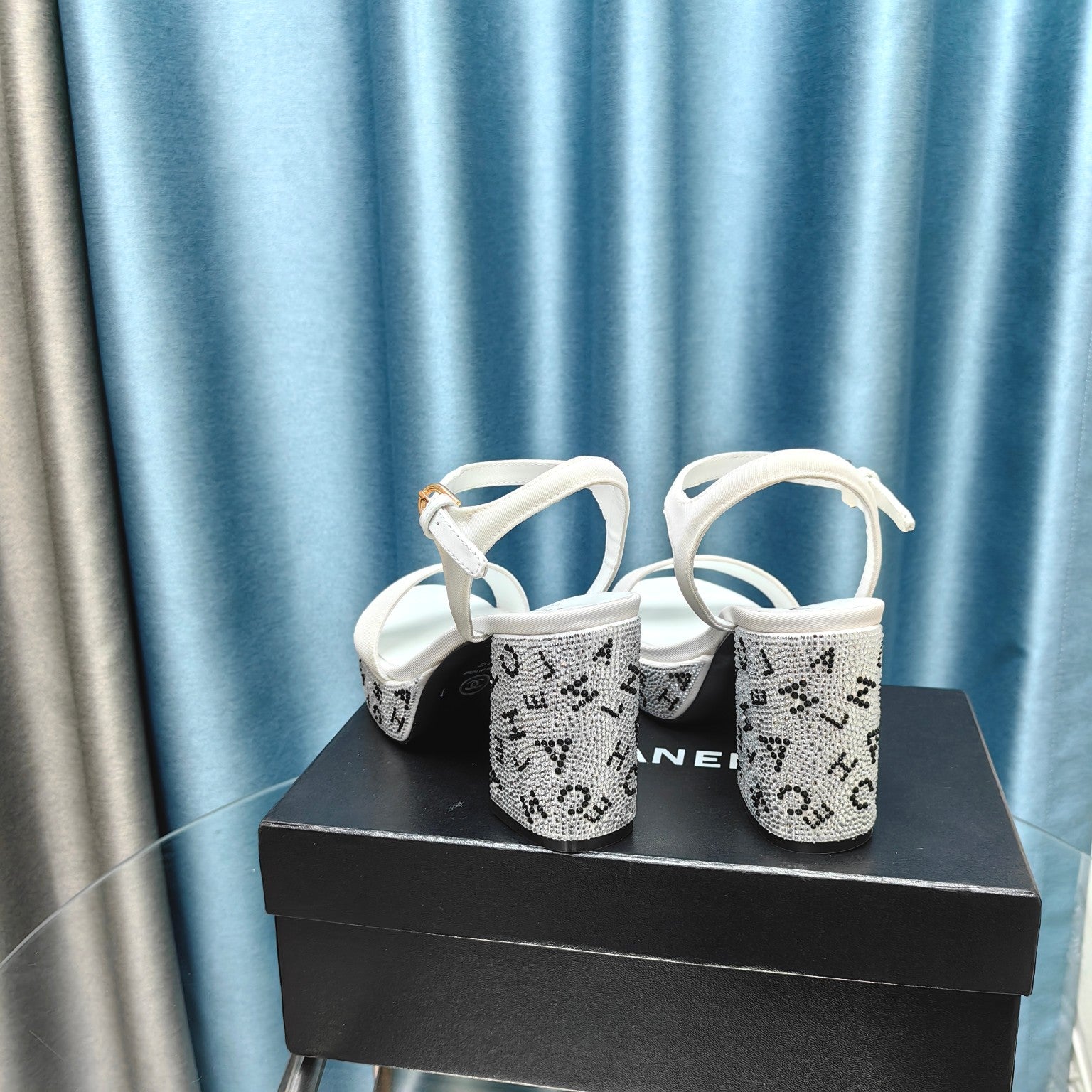 CHANEL Chunky Heel Rhinestone High Sandals White Lambskin