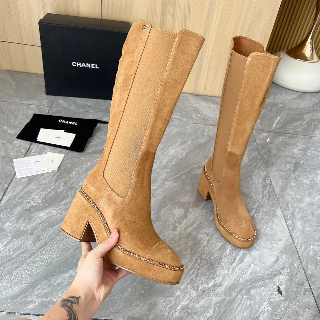 CHANEL 25S HIGH BOOTS STRETCHY SHAFT 85MM IN CARAMEL SUEDE GOLD HARDWARE
