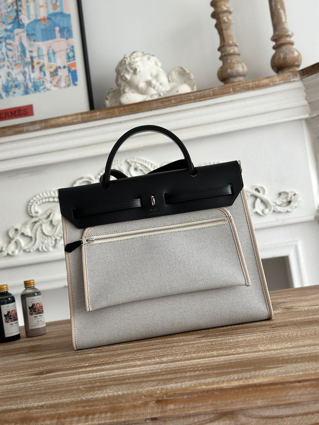 HERMES ZIP CABINE 31 BAG IN PALE GRAY CANVAS AND BLACK CALFSKIN