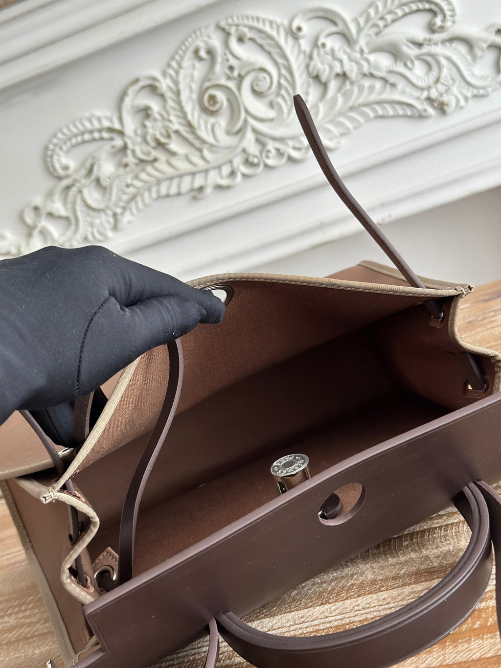 HERMES ZIP CABINE 31 BAG IN CHOCOLATE BROWN CANVAS AND BLACK CALFSKIN