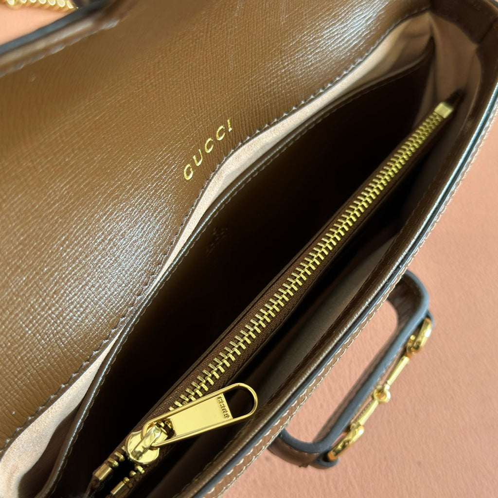 GUCCI HORSEBIT 1955 SMALL 21.5 IN BEIGE EBONY  SUPREME BROWN CALFSKIN GOLD HARDWARE