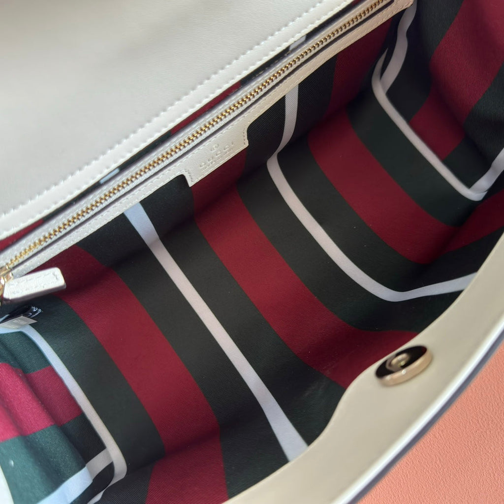 GUCCI 26S PADLOCK TOP HANDLE BAG 31 IN DARK BEIGE AND WHITE CALFSKIN