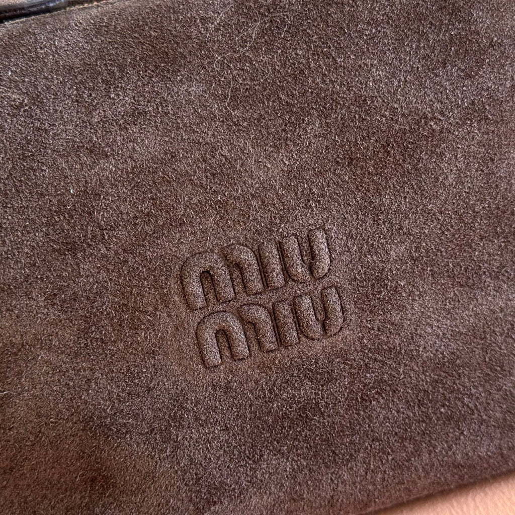 MIUMIU 26S CORDUROY POUCH BAG 25 IN CHOCOLATE BROWN SUEDE GOLD HARDWARE