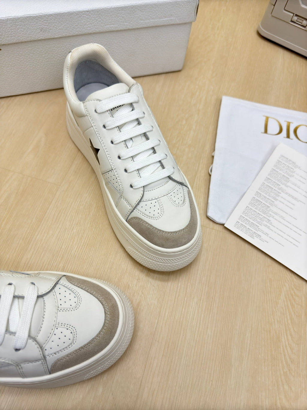 DIOR BLACK STAR PLATFORM SNEAKER IN WHITE CALFSKIN AND SUEDE