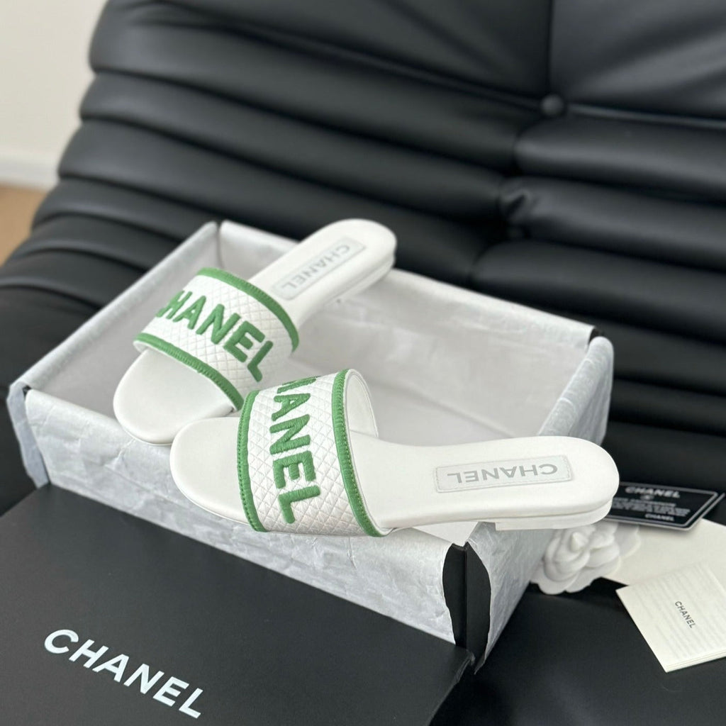 CHANEL Woven Embroidered Letter Slippers White Green
