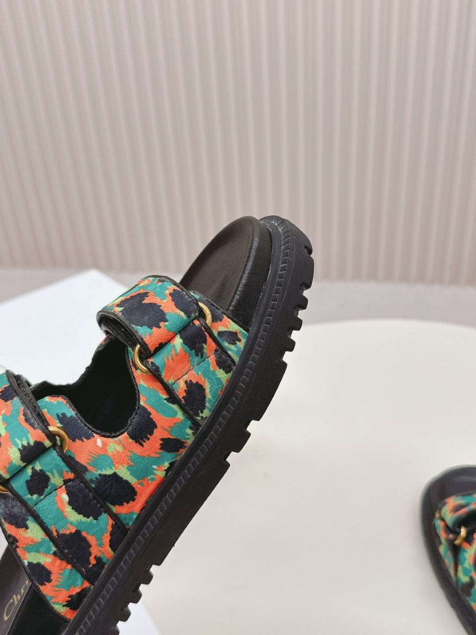 DIOR CLASSIC DOUBLE-STRAP SLIDES 25S IN MULTICOLOR FABRIC AND CALFSKIN