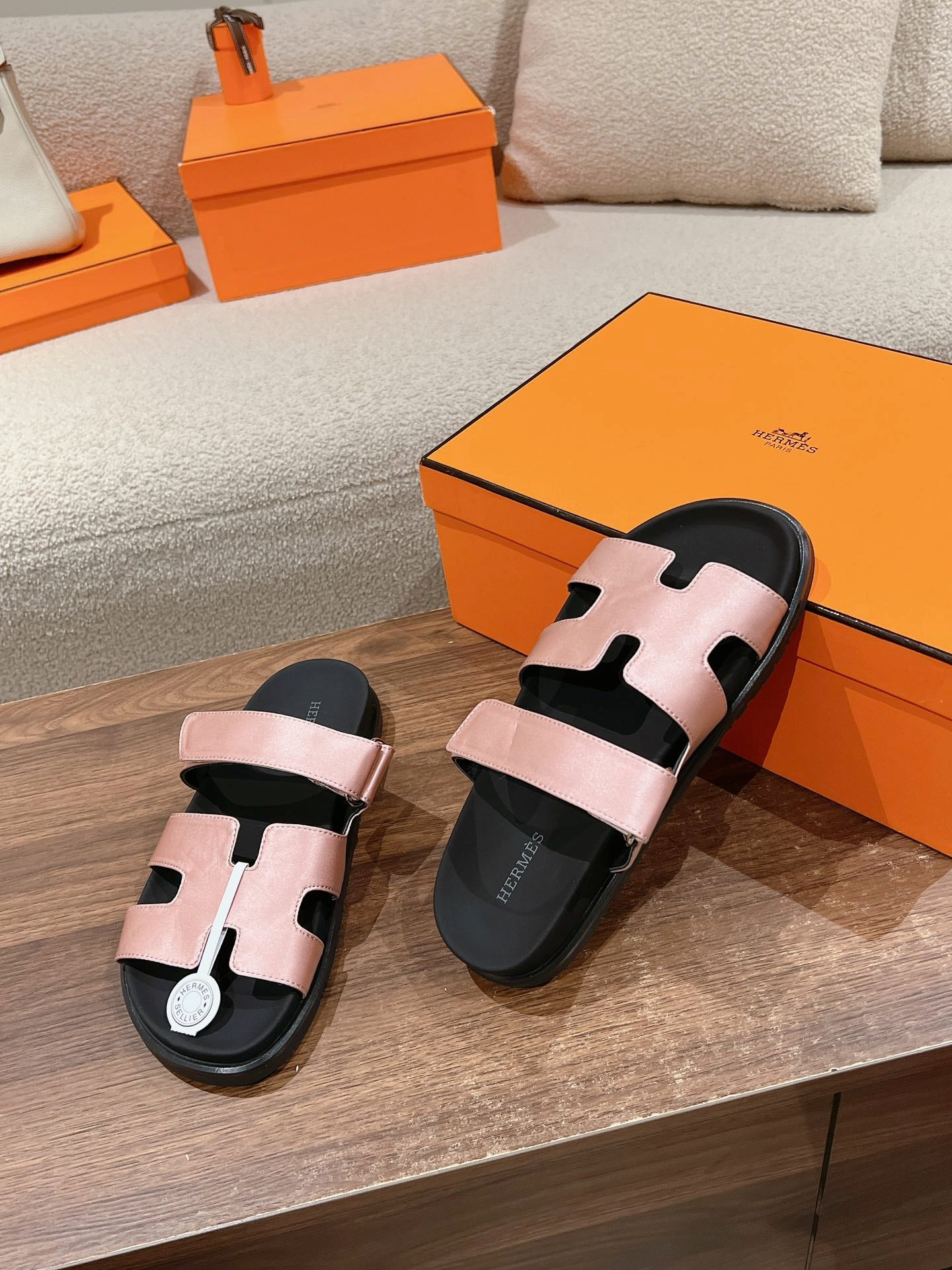 HERMES CHYPRE SANDAL BLACK MIX PASTEL PINK CALFSKIN