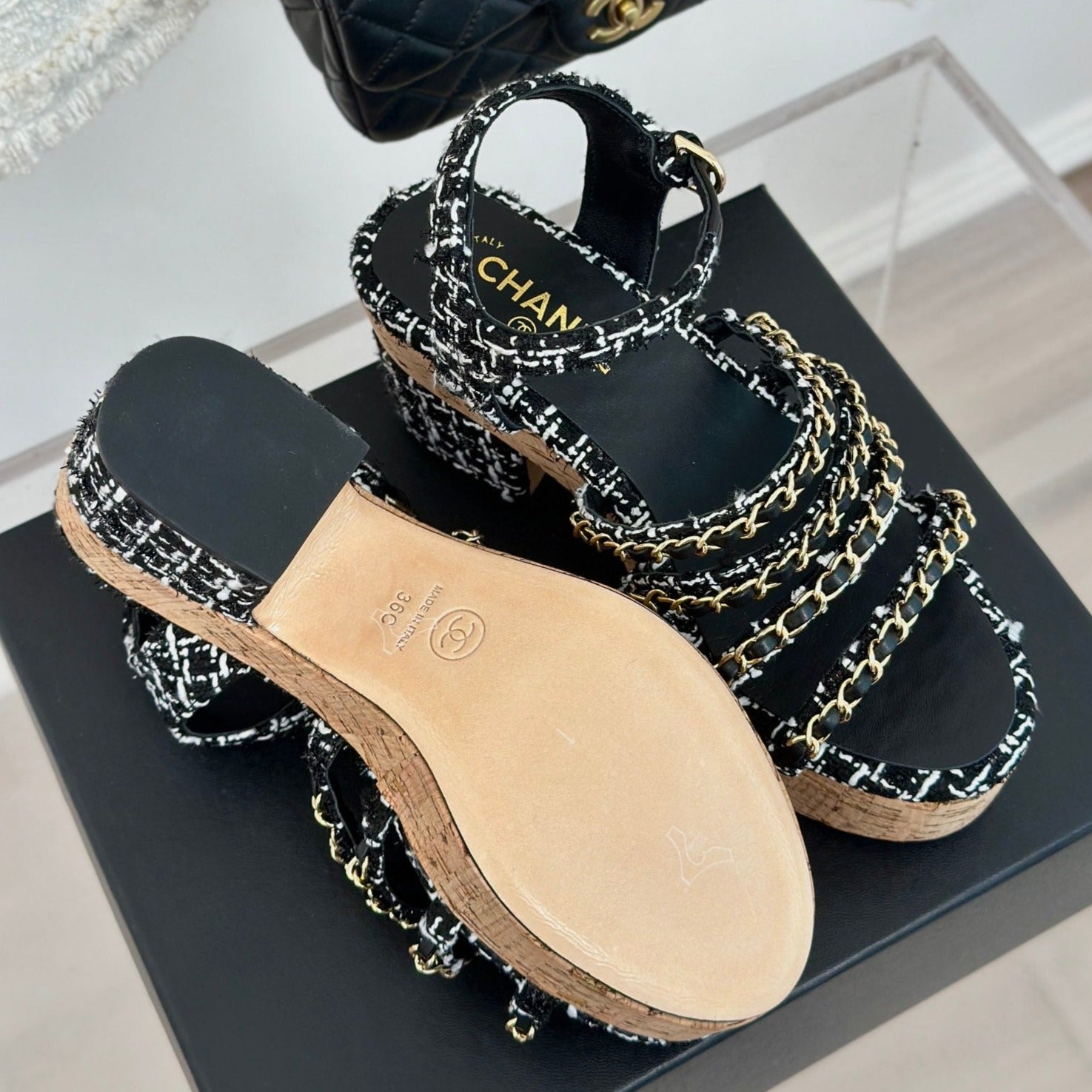 CHANEL Double C Wooden Chain Platform Block Heel Sandals White Caro/ Black